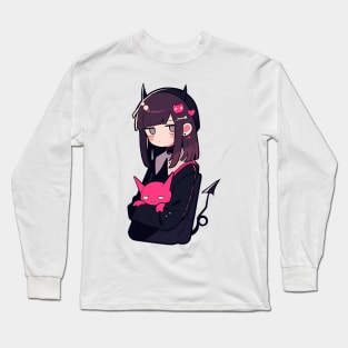 Anime-Style Cute Black and Pink Demon Girl Long Sleeve T-Shirt